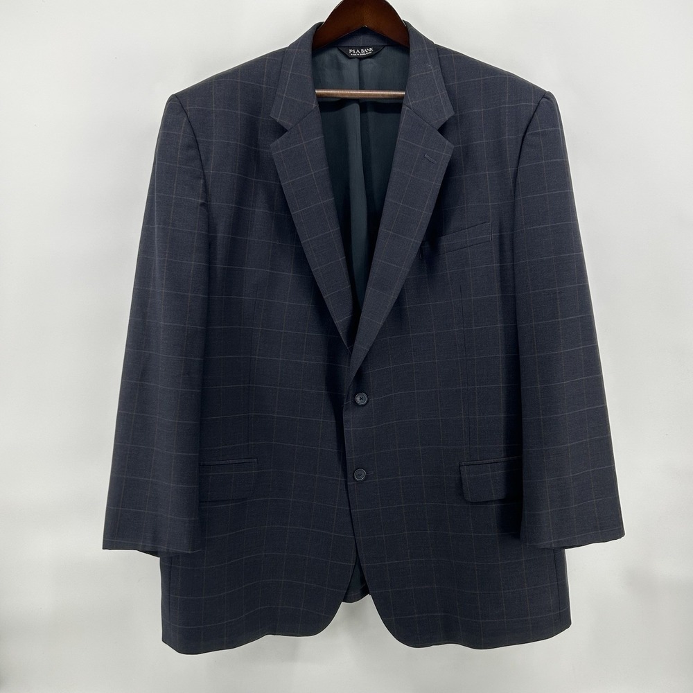 Jos A Bank Mens 52L 100% Wool Sport Coat Navy Blue Windowpane Blazer Executive